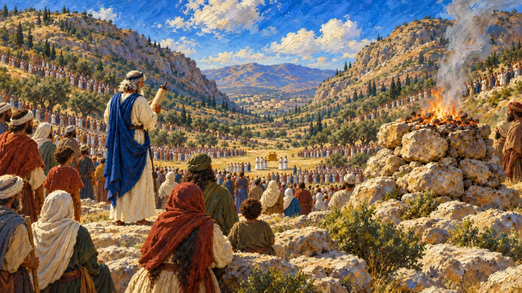 Classical oil painting of Israel gathered between Ebal and Gerizim with the uncut-stone altar on Ebal.