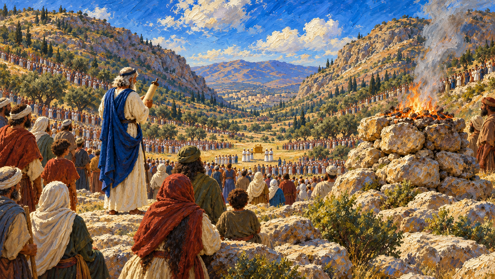 Classical oil painting of Israel gathered between Ebal and Gerizim with the uncut-stone altar on Ebal.