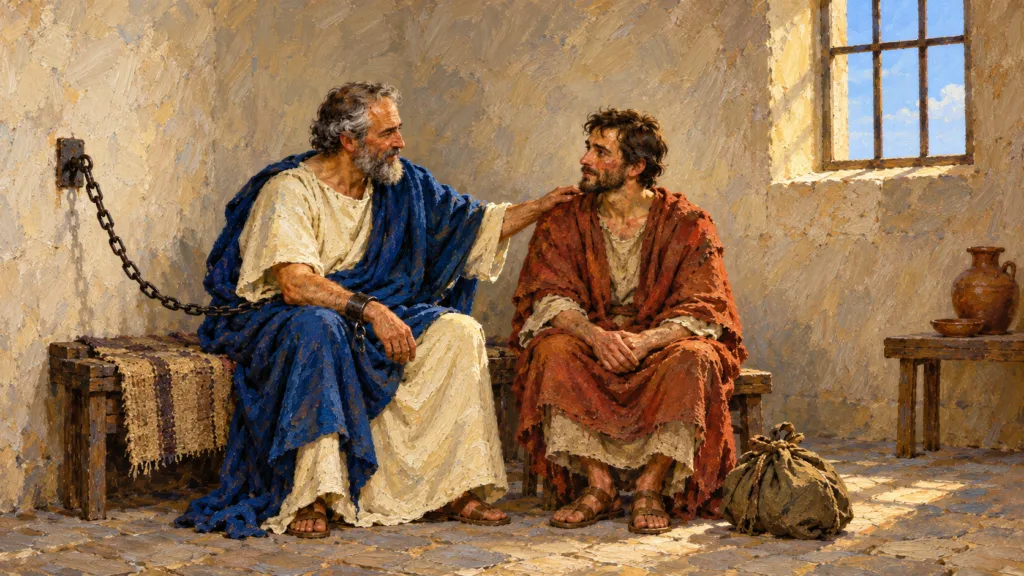 Classical oil painting of imprisoned Paul warmly honoring the recovering Epaphroditus before his return home.