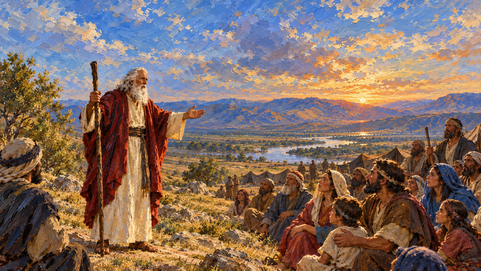 The Book of Deuteronomy: Moses’ Final Words to Israel Classical oil painting of aged Moses giving his final appeal to Israel on the plains of Moab before they cross the Jordan.