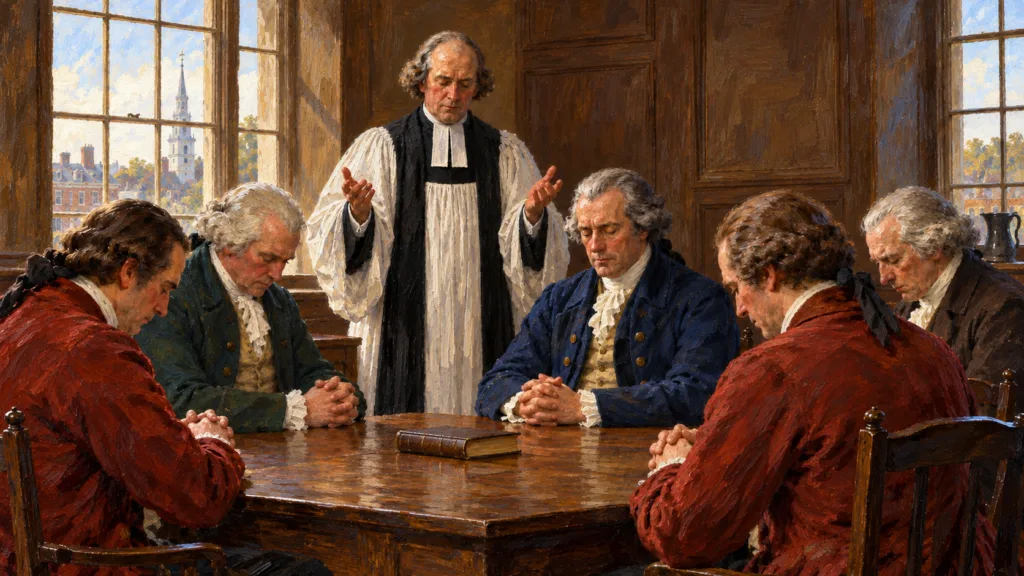 Classical oil painting depicting colonial delegates at prayer during the First Continental Congress in 1774.