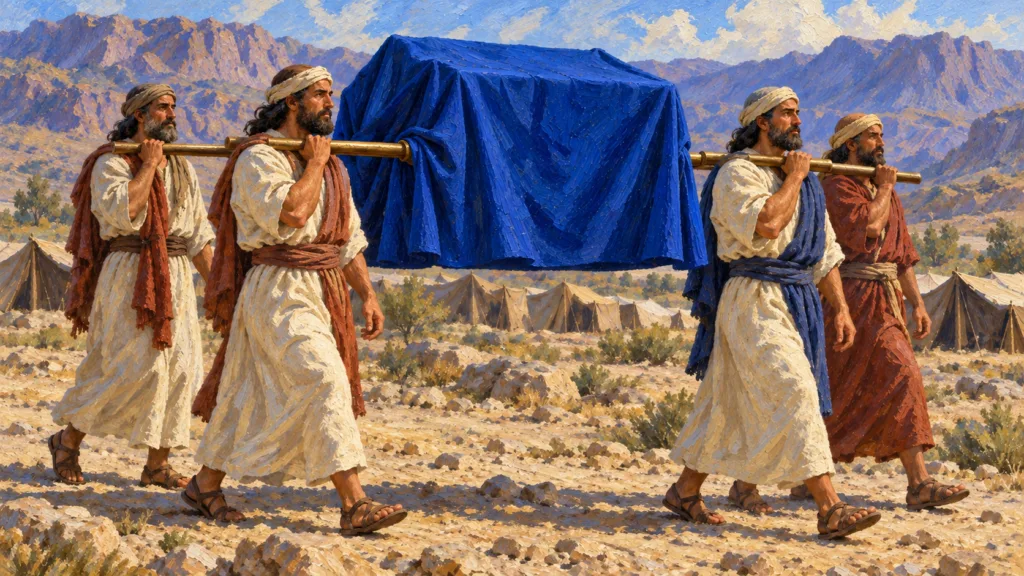Classical oil painting of Kohathite men carrying the fully blue-covered Ark on shoulder poles through the wilderness camp.