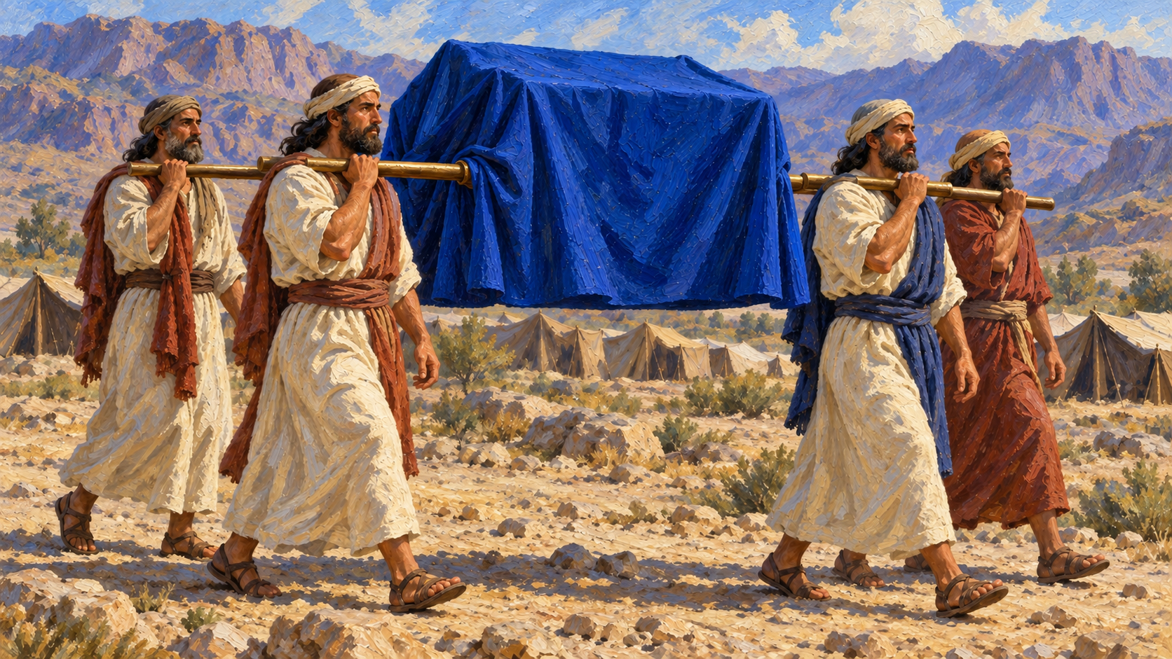 Classical oil painting of Kohathite men carrying the fully blue-covered Ark on shoulder poles through the wilderness camp.