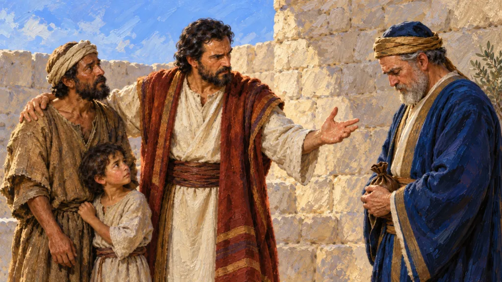 Classical oil painting of Nehemiah firmly confronting exploitation while standing beside a poor father and child.
