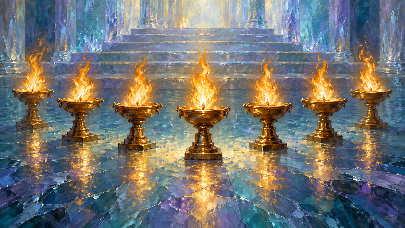 Classical oil painting of seven lamps of fire burning before the heavenly throne, the imagery of Revelation 4:5.