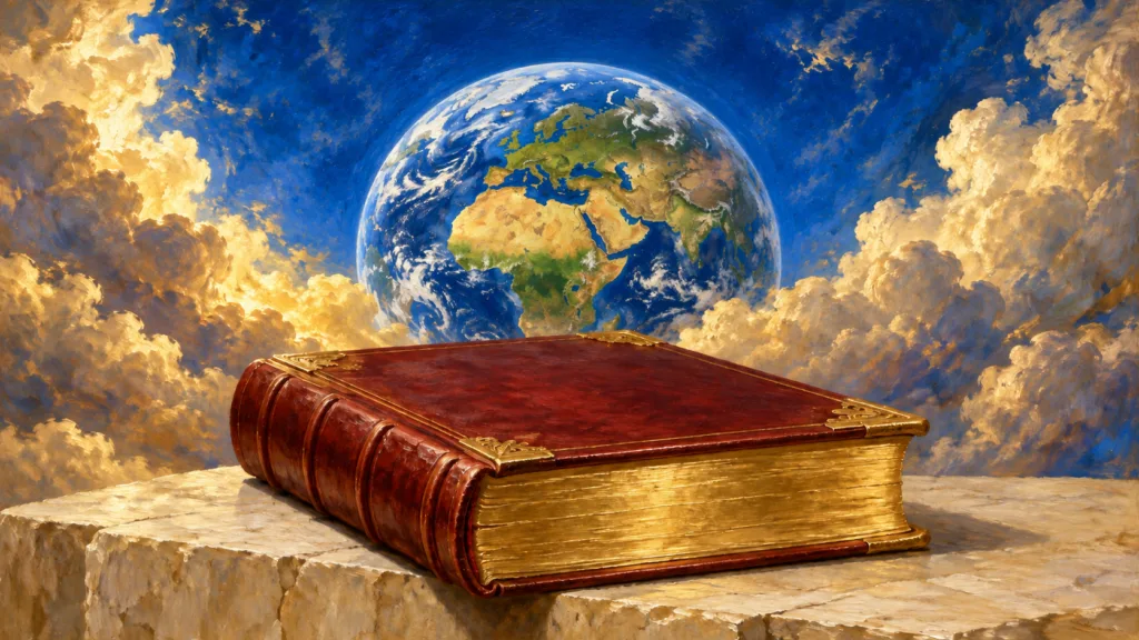 Classical oil painting of the world behind a crimson and gold book representing the Book of Life.