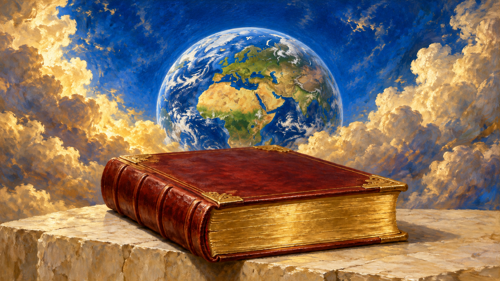 Ephesians 1:4: Chosen Before the Foundation of the World Classical oil painting of the world behind a crimson and gold book representing the Book of Life.