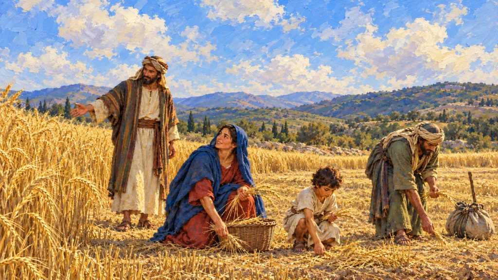 Classical oil painting of a widow, child and sojourner gathering grain left for them at the edge of an Israelite field.