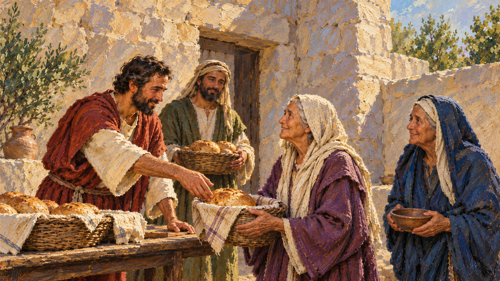 The Hellenists in the New Testament: Who Were They? Classical oil painting of early church servants providing bread to Hellenist widows in Jerusalem, illustrating Acts 6.