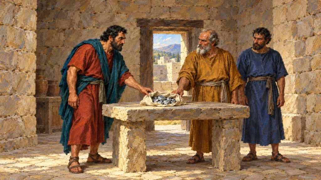 Classical oil painting of Abimelech accepting silver from men of Shechem to finance his rise to power.