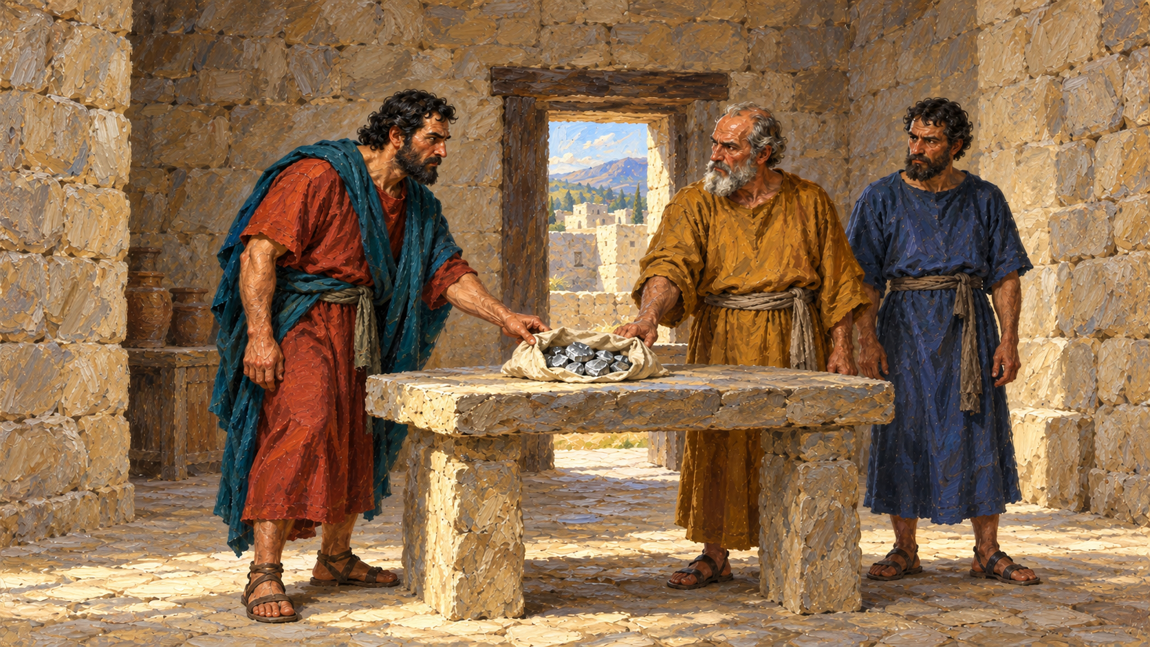 Abimelech in Judges: A Ruler Who Was Not a Deliverer Classical oil painting of Abimelech accepting silver from men of Shechem to finance his rise to power.