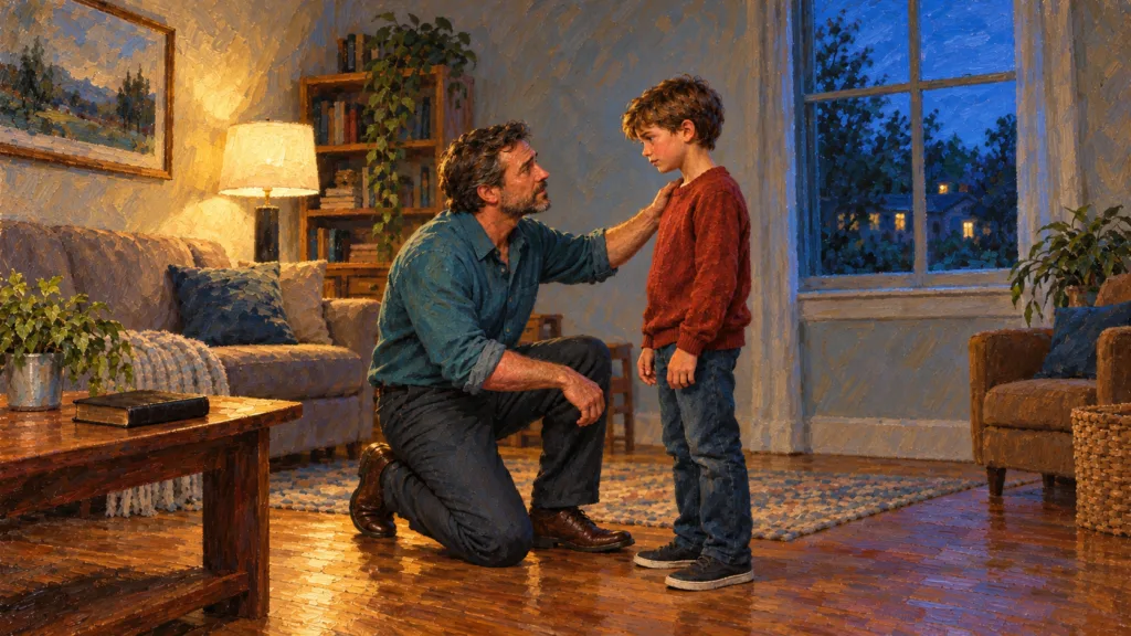 Classical oil painting of a father kneeling to reconcile gently with his son beside a closed Bible.