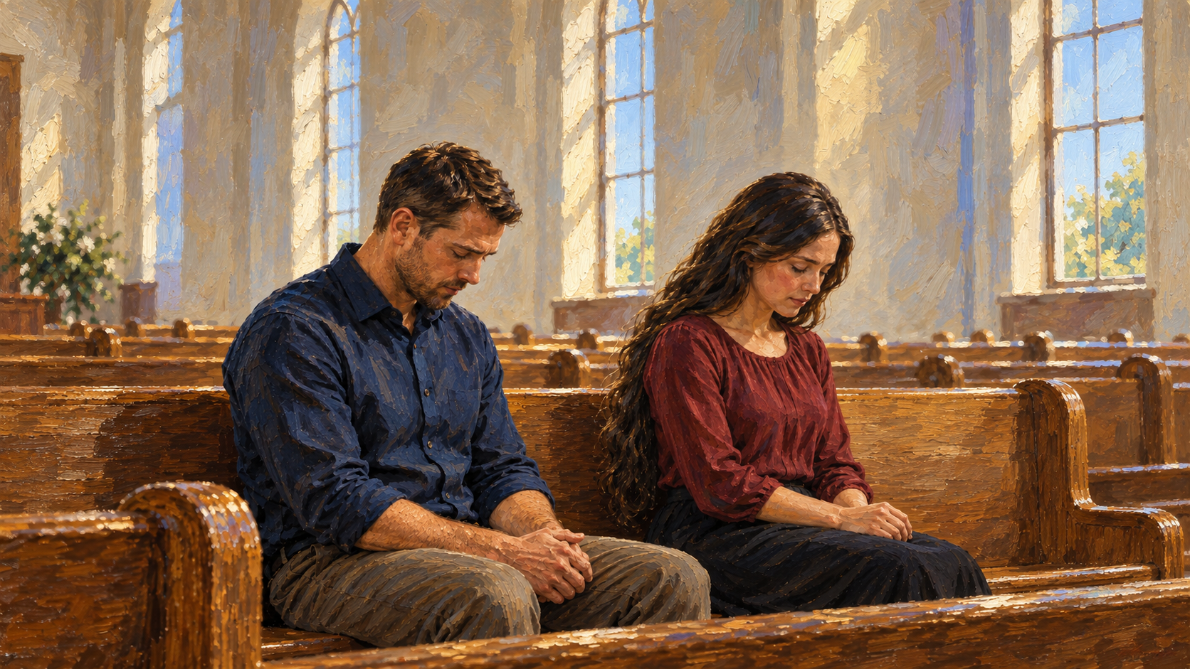What Does the Bible Say About Men’s and Women’s Hair? Classical oil painting of a short-haired man and long-haired woman praying together in a church pew.