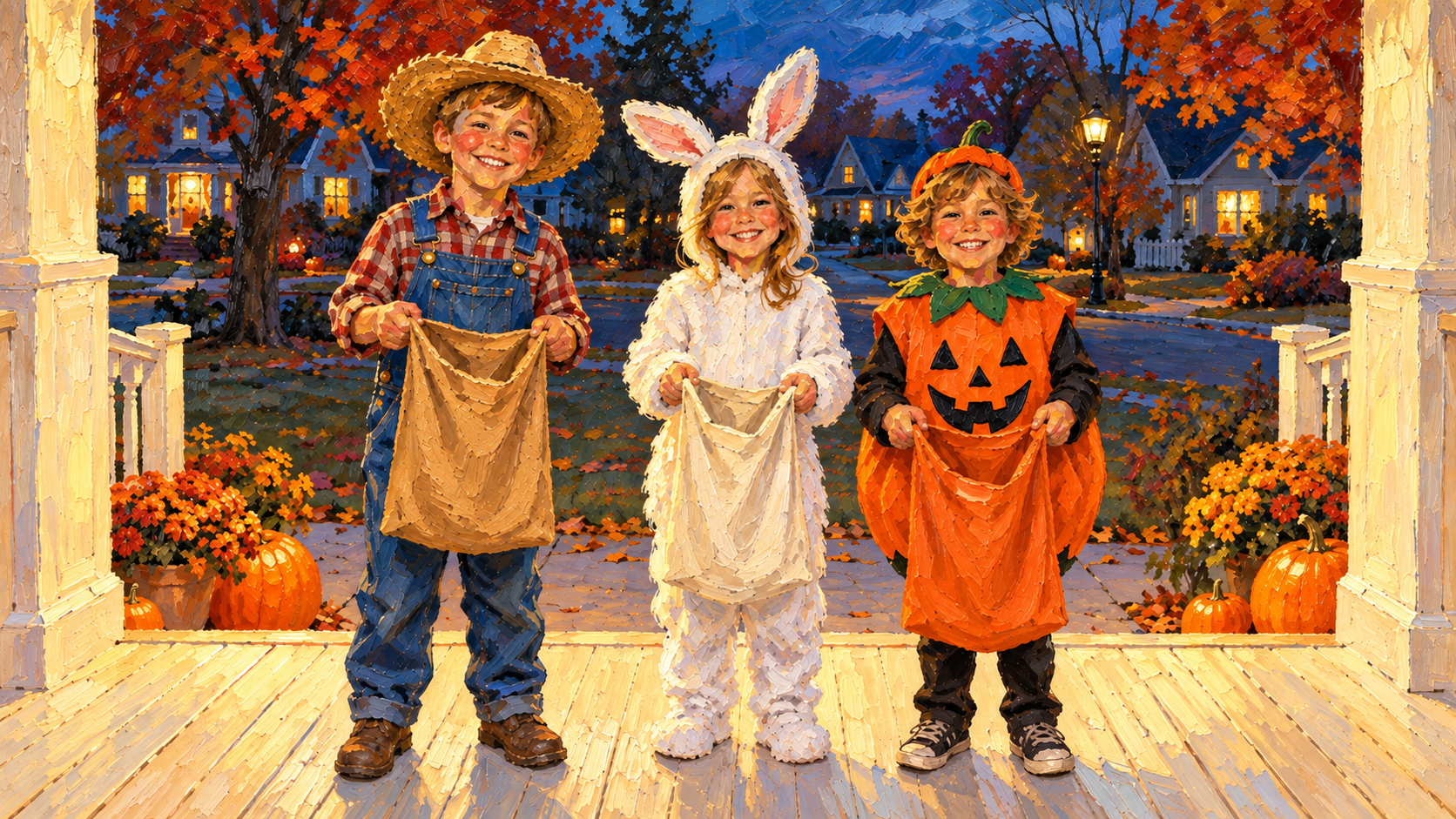 Classical oil painting of three children in farmer, rabbit and pumpkin costumes holding candy bags while trick-or-treating on a warmly lit porch.