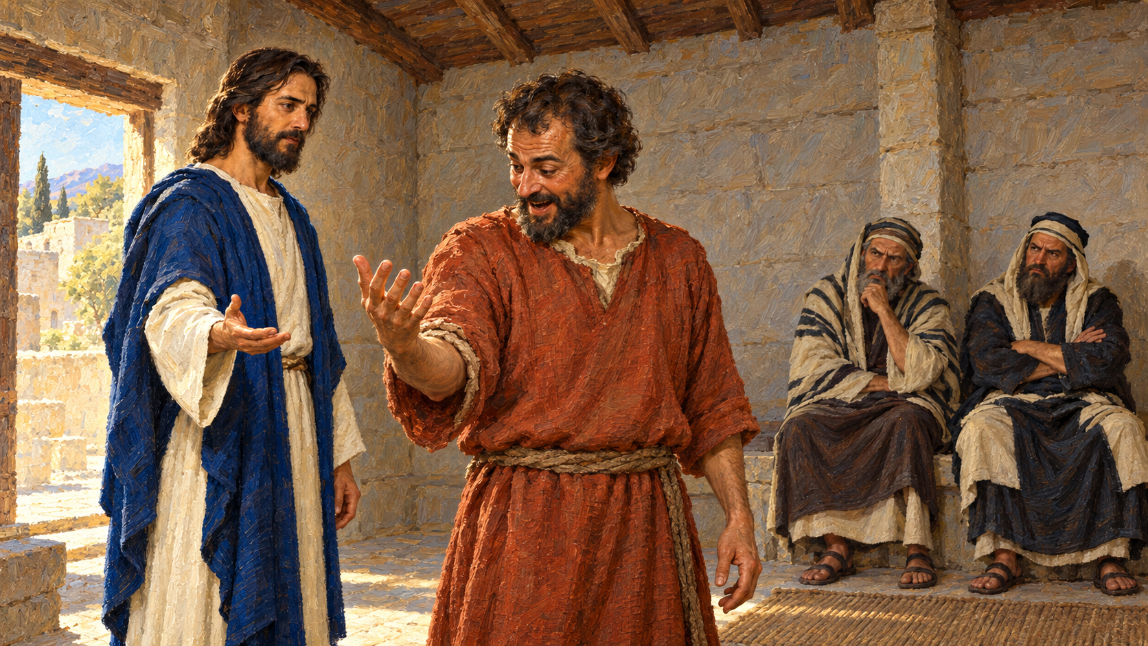 The Sabbath: What Does the Bible Teach Christians Today? Classical oil painting of a man extending his restored right hand after Jesus heals him on the Sabbath.