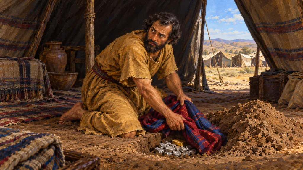 Classical oil painting of Achan concealing a garment, gold and silver in the earth beneath his tent.