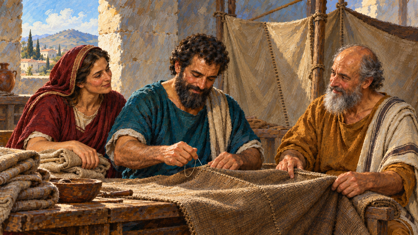 Aquila in the Bible: The Faithful Tentmaker Who Served Christ Classical oil painting of Aquila sewing tent cloth with Paul and Priscilla in a Corinth workshop.