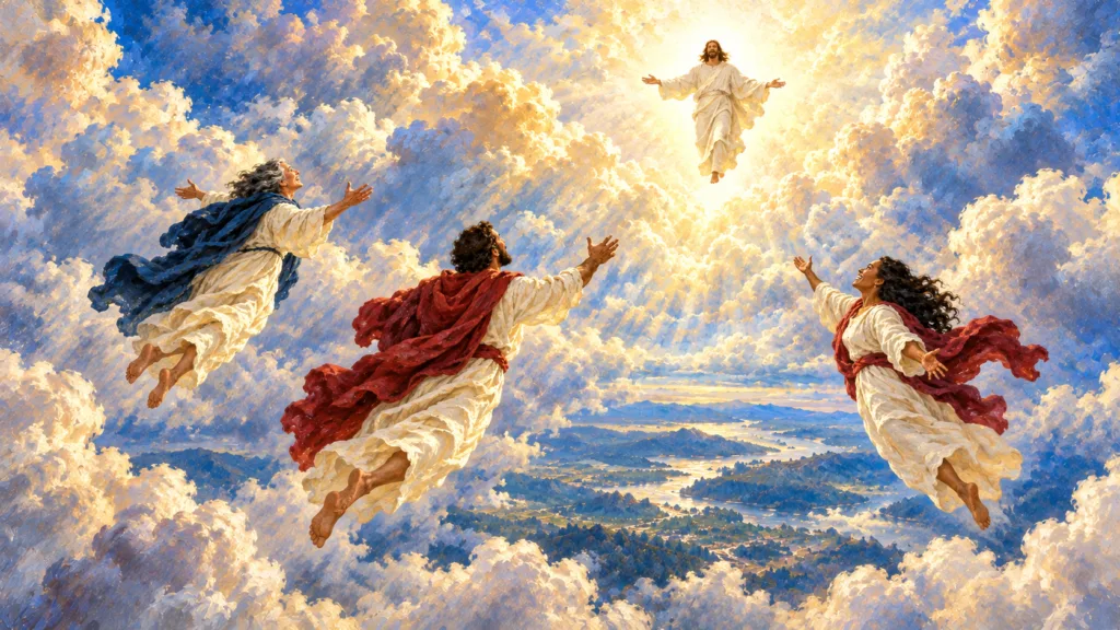 Classical oil painting of believers caught up bodily in the clouds to meet Jesus Christ in the air.