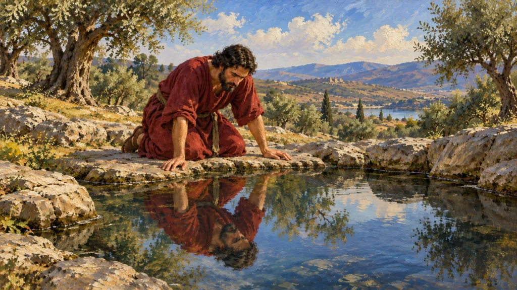 Classical oil painting of a man looking at his own face reflected in still water, illustrating Proverbs 27:19.