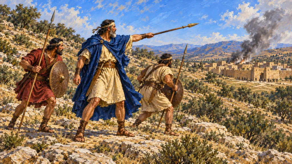 Classical oil painting of Joshua holding his spear toward smoking Ai as Israel turns back in the second battle.