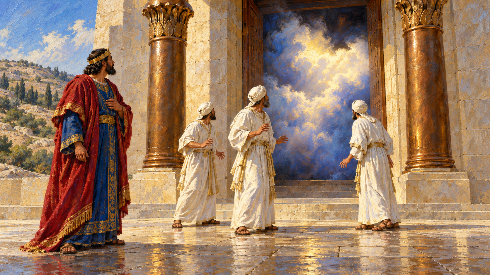 Classical oil painting of Solomon and priests before the cloud-filled temple at its dedication.