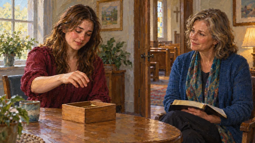 Classical oil painting of a woman putting away a divination pendulum while receiving gentle Bible counsel in a church.