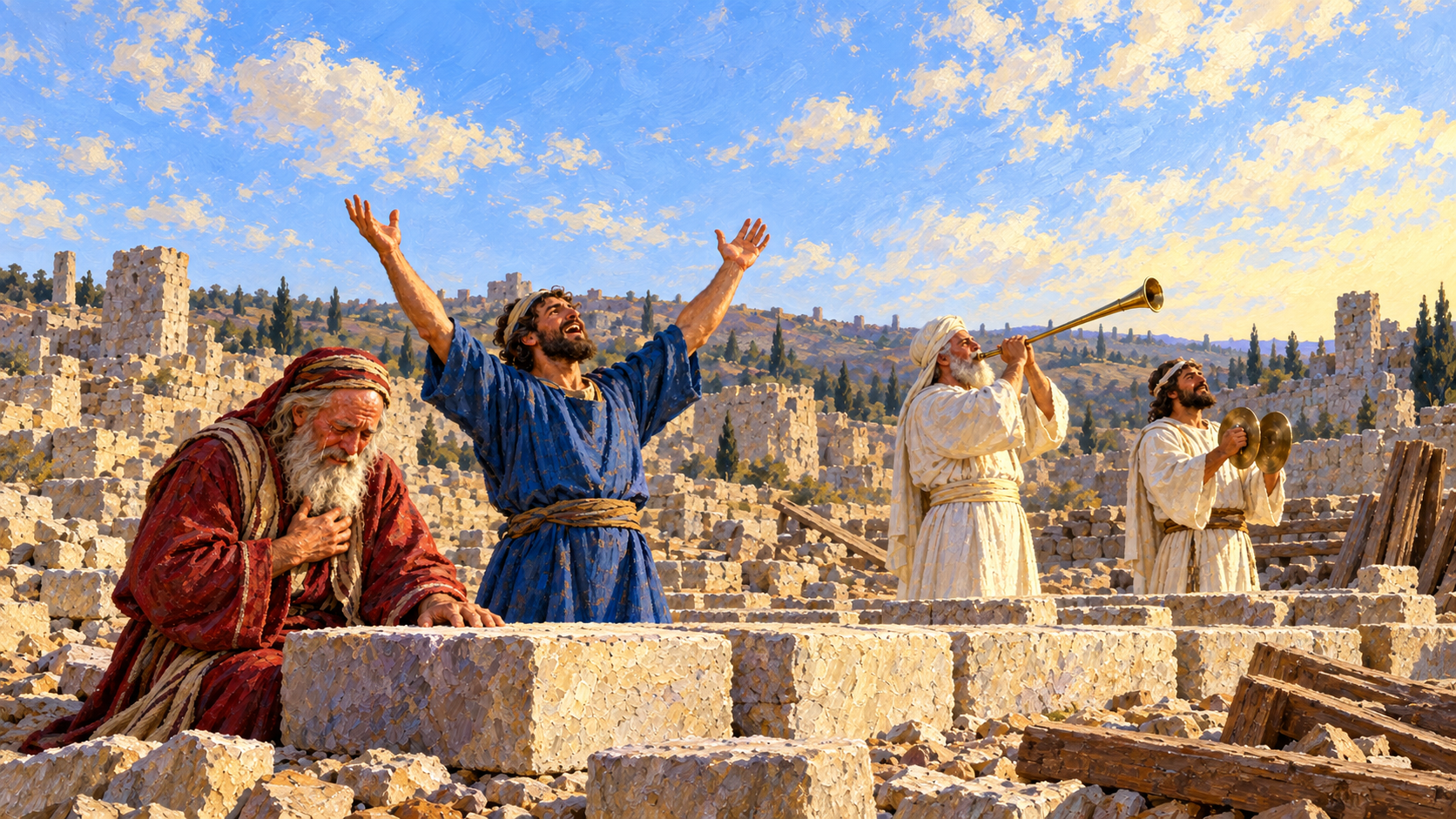 The Second Temple: Why It Was Built and What It Meant Classical oil painting of returned exiles weeping and rejoicing at the foundation of the second temple.