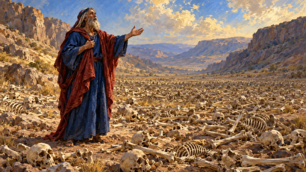 Classical oil painting of Ezekiel speaking in a valley filled with very dry bones.