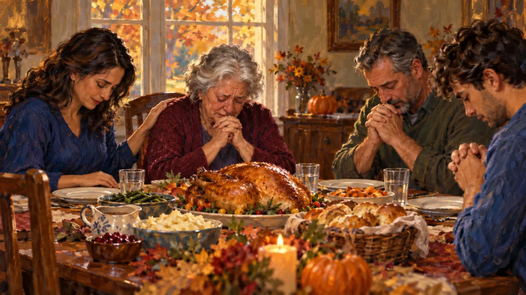 Classical oil painting of a family praying at Thanksgiving while a daughter comforts an elderly woman.