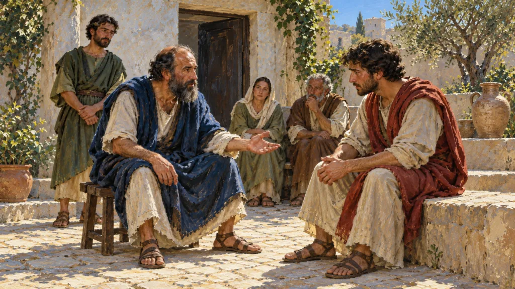 Classical oil painting of Paul making a compassionate appeal to a listener as fellow believers look on.