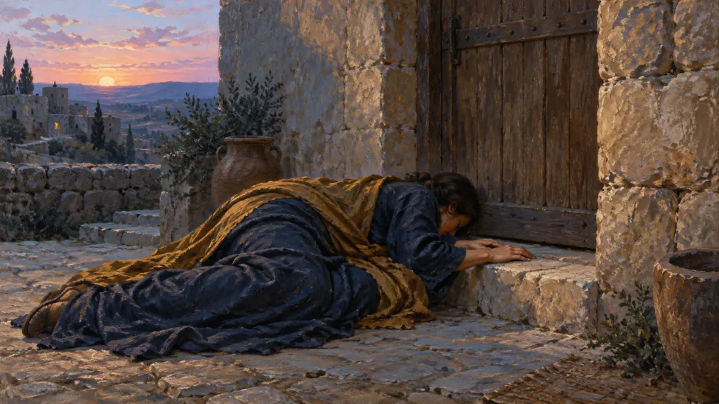 Solemn oil painting of the woman in Judges 19 lying fully clothed at a closed doorway, hands upon the threshold at dawn.