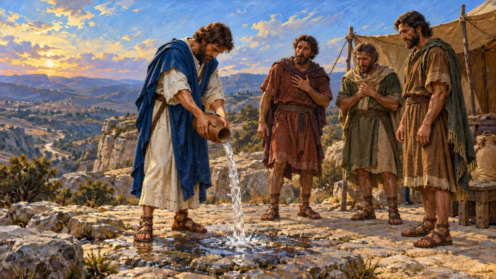 Classical oil painting of David pouring water out to the Lord while the three men who brought it watch.