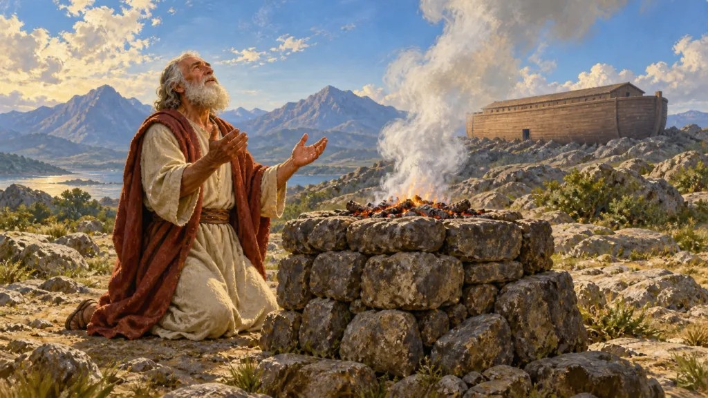 Classical oil painting of Noah worshiping beside rising altar smoke after leaving the ark.