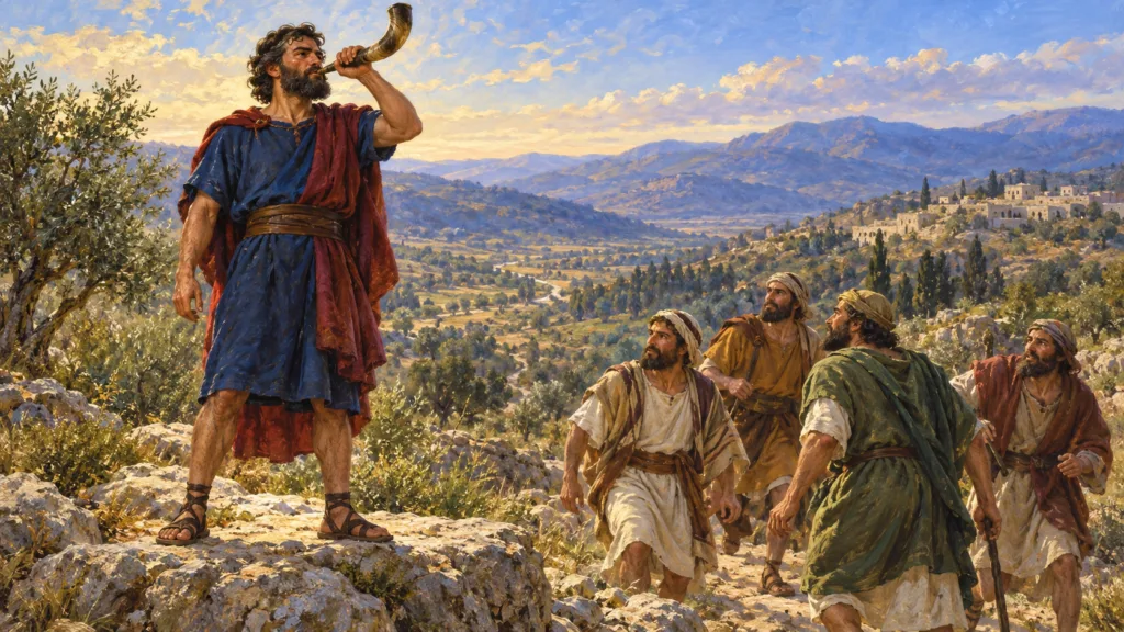 Classical oil painting of Ehud sounding a horn with his left hand as Israelites gather in the mountains of Ephraim.
