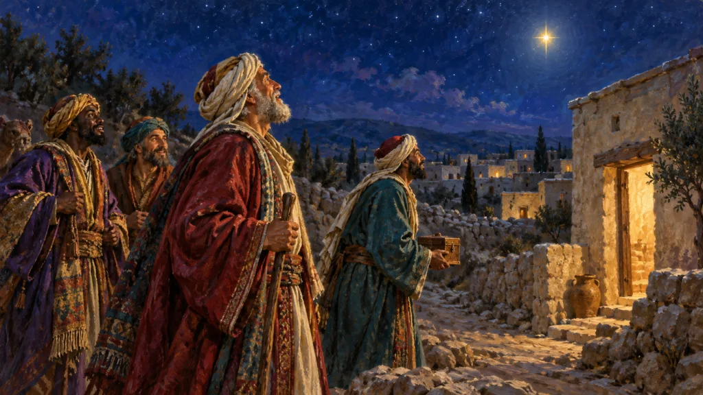 Classical oil painting of joyful Magi approaching a Bethlehem house beneath a bright star.