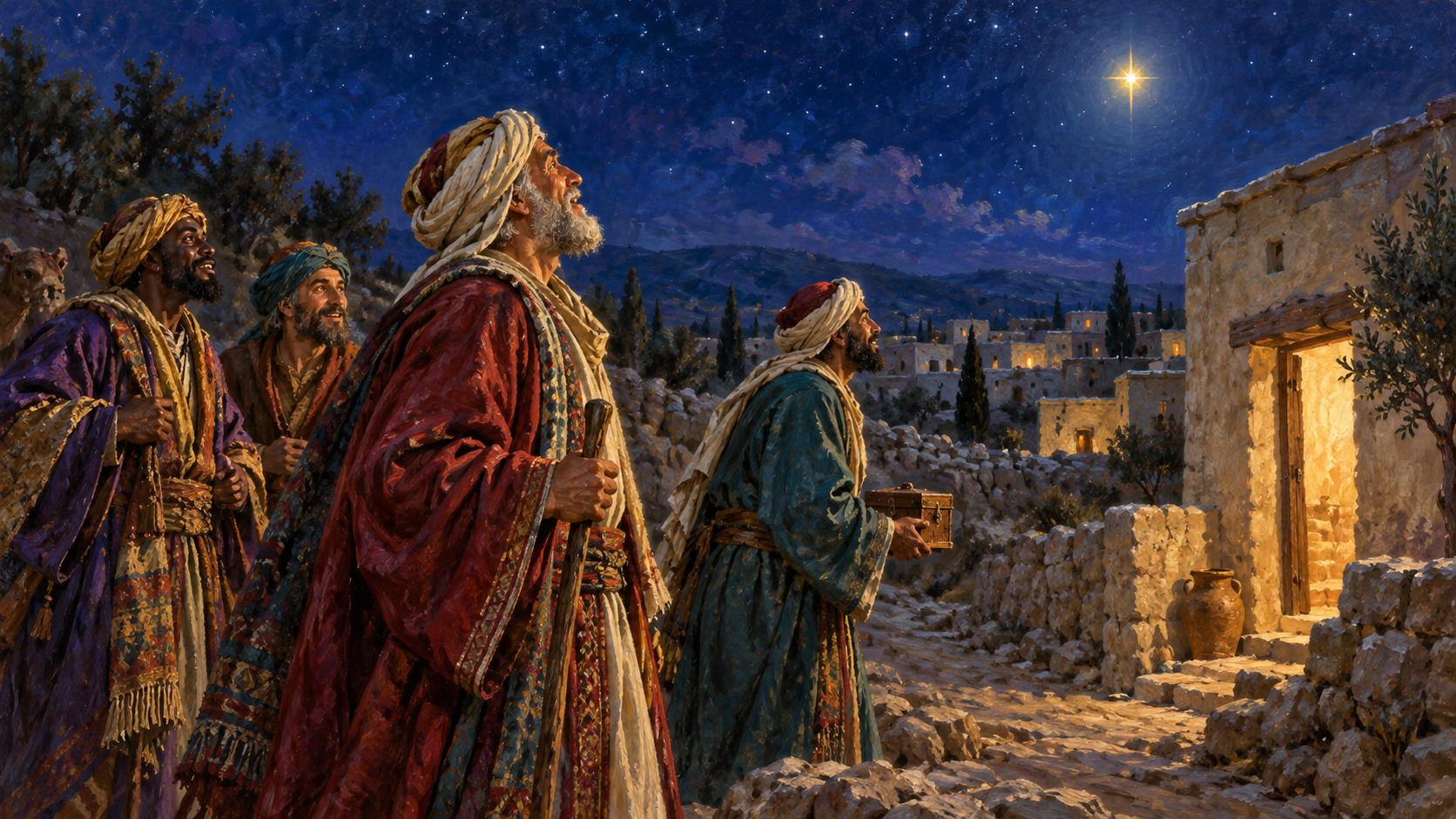 The Christmas Star: What Guided the Magi to Jesus? Classical oil painting of joyful Magi approaching a Bethlehem house beneath a bright star.