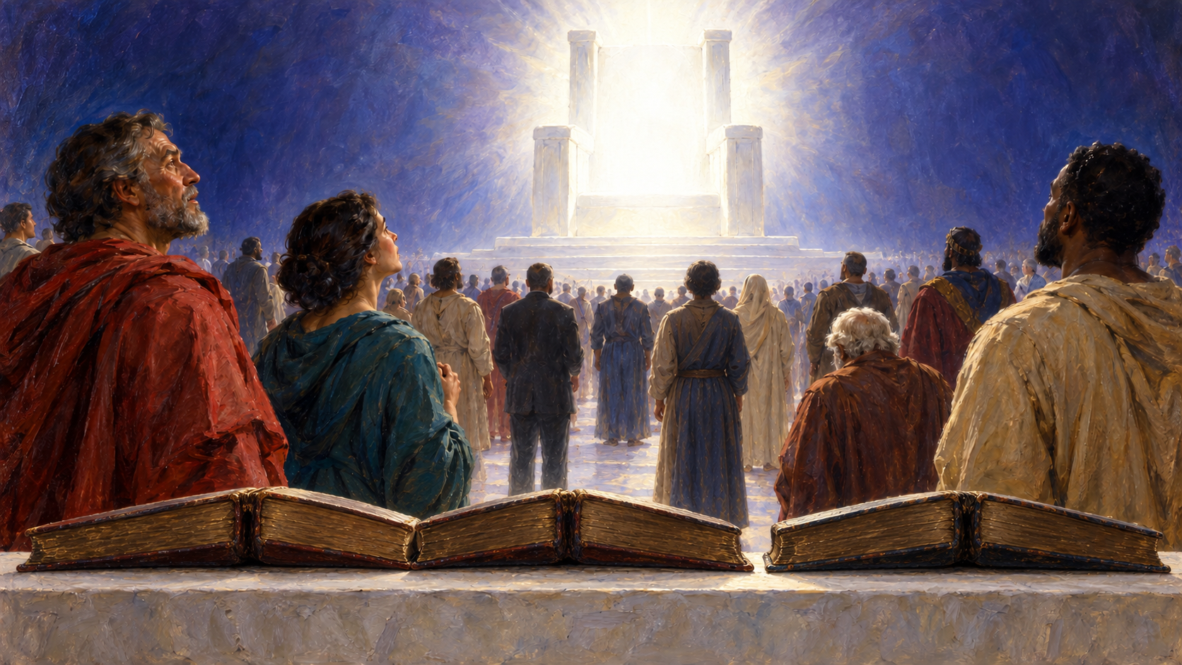The Great White Throne Judgment: What Revelation 20 Means Classical oil painting of people standing before the great white throne with opened books in the foreground.