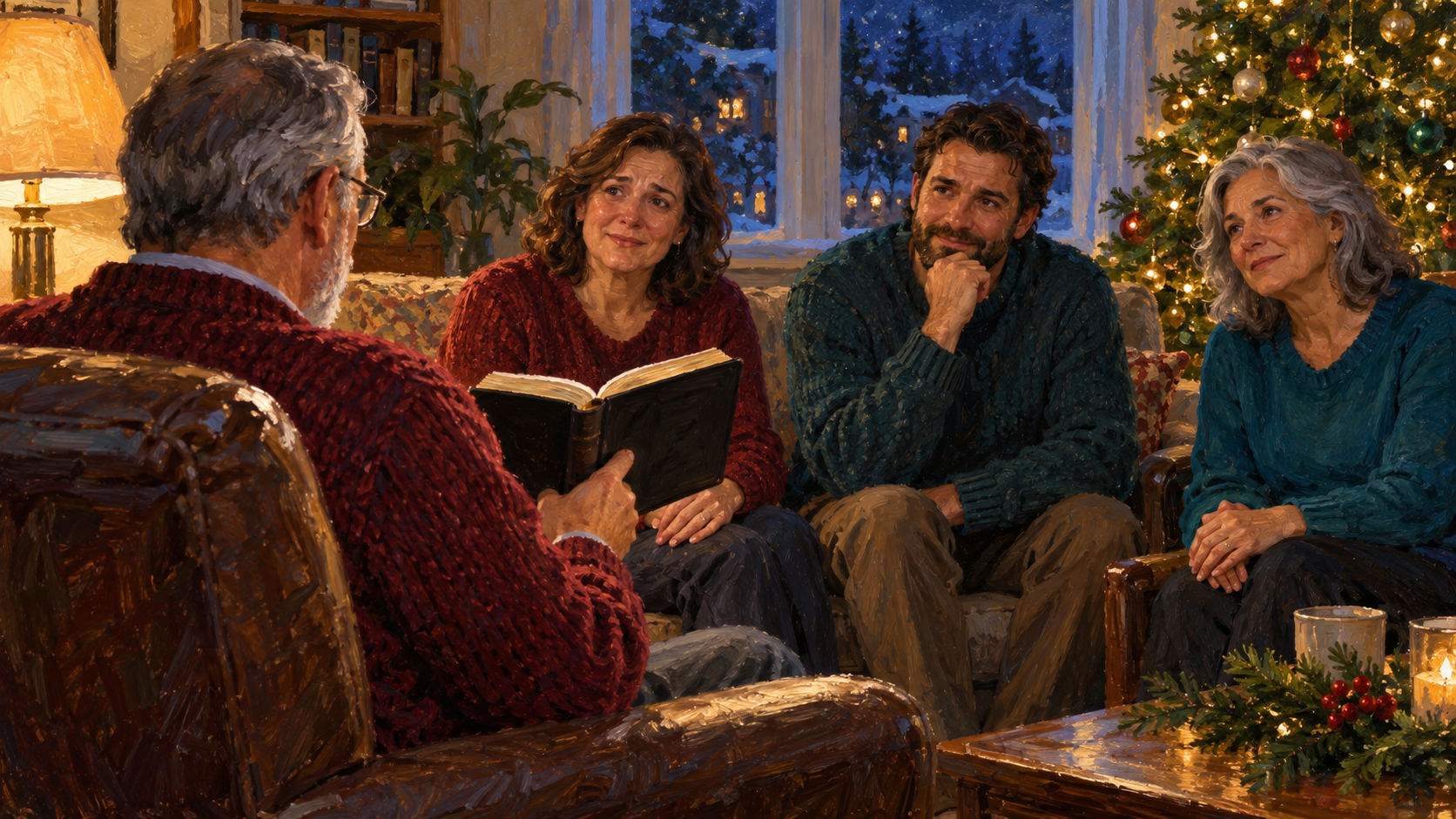 Christmas and Christianity: Are Its Roots Really Pagan? Classical oil painting of a modern household sharing a Bible reading beside modest Christmas decorations.