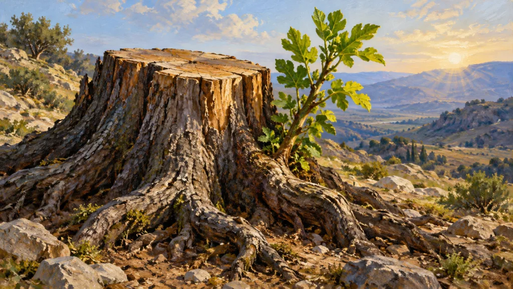 Classical oil painting of a living green branch growing from a felled tree stump and its roots, illustrating the prophecy of Jesse.