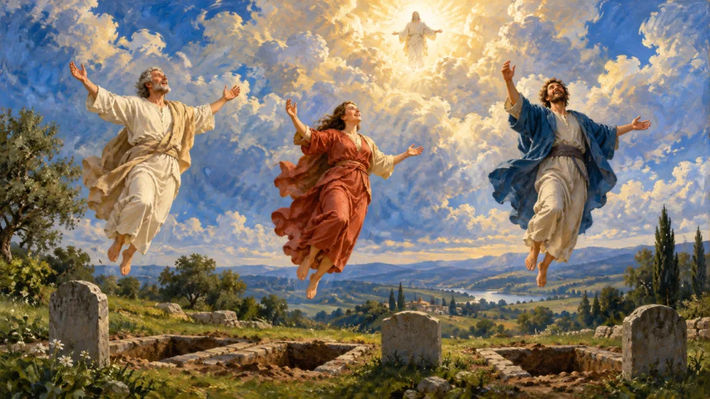 Classical oil painting of believers raised bodily above empty graves to meet Christ in the clouds.