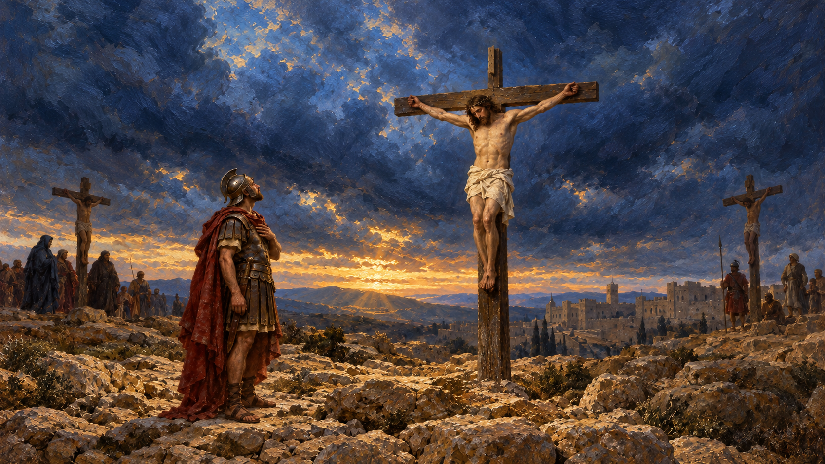 Classical oil painting of a Roman centurion looking in awe toward Jesus on the cross at Calvary.