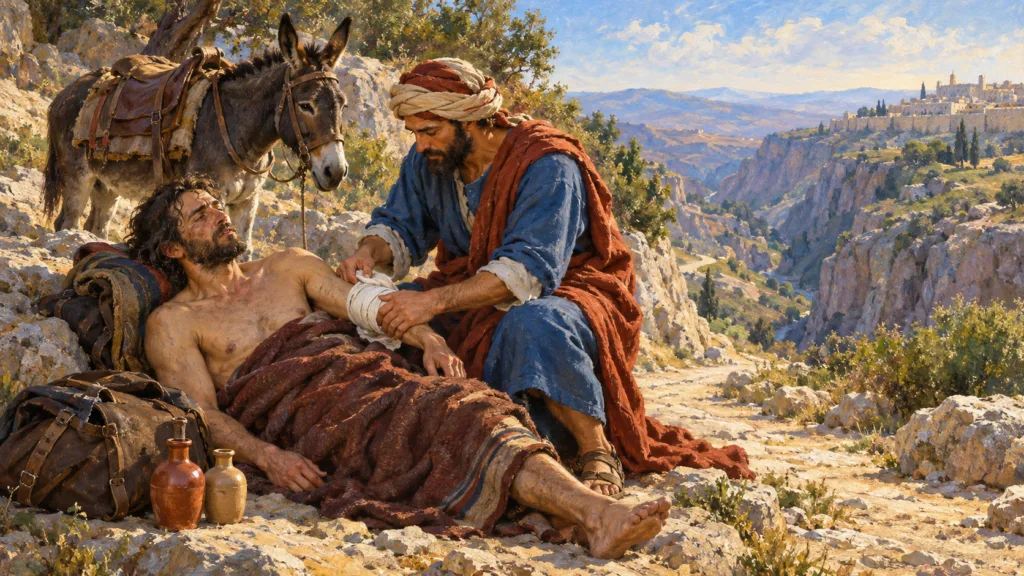 Classical oil painting of the Good Samaritan gently bandaging an injured traveler beside a rocky road and his donkey.