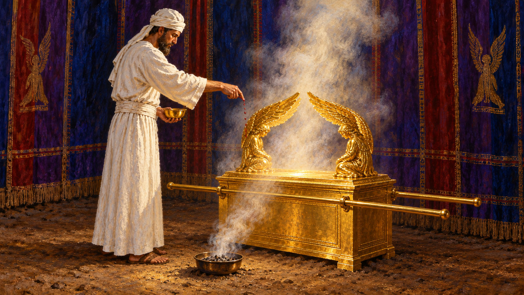 The Mercy Seat: What It Was and How It Points to Christ Classical oil painting of the high priest in white linen sprinkling blood before the golden mercy seat beneath two cherubim and incense.