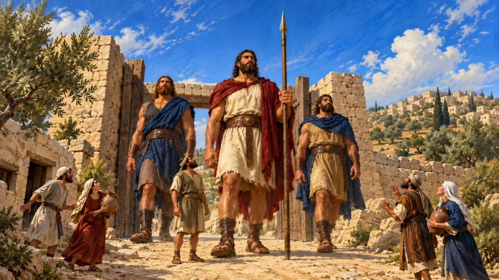 Classical oil painting of three extremely tall ancient giant warriors towering above ordinary adults beside a stone gateway.