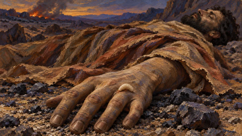 Classical oil painting of a pale worm feeding on the lifeless hand of a clothed corpse, with a distant fire in a barren landscape.