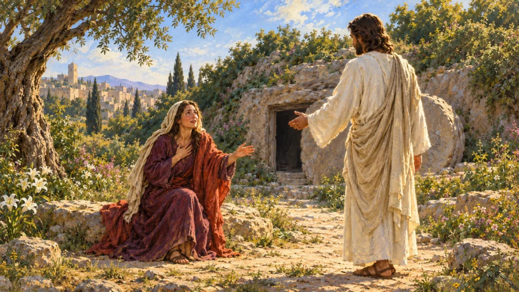 Classical oil painting of Mary Magdalene recognizing the risen Jesus beside the open garden tomb.