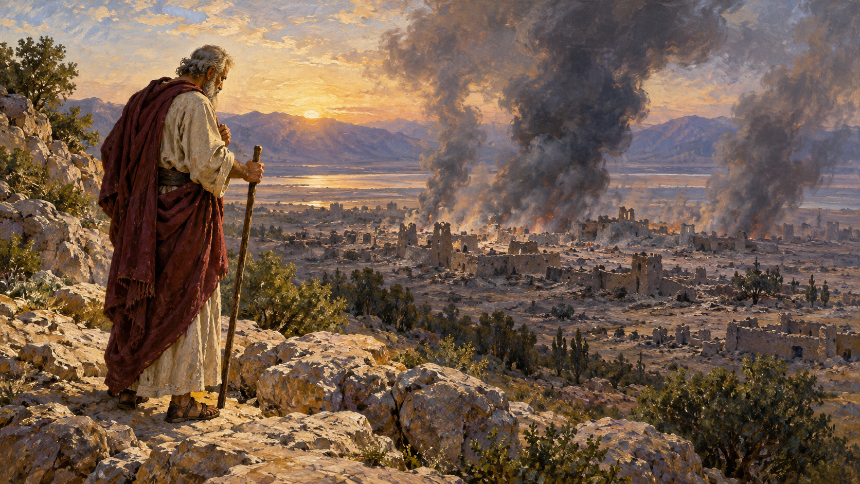 Classical oil painting of Abraham solemnly watching smoke rise over the ruined cities of the plain.
