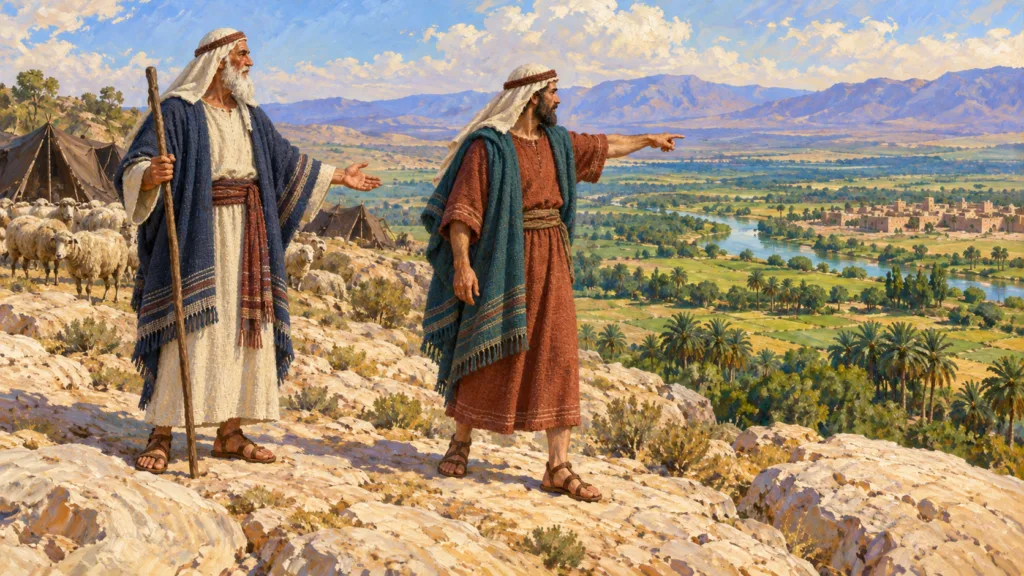 Classical oil painting of Lot and Abram in woven tunics, wool mantles and head coverings as Lot chooses the fertile Jordan plain.