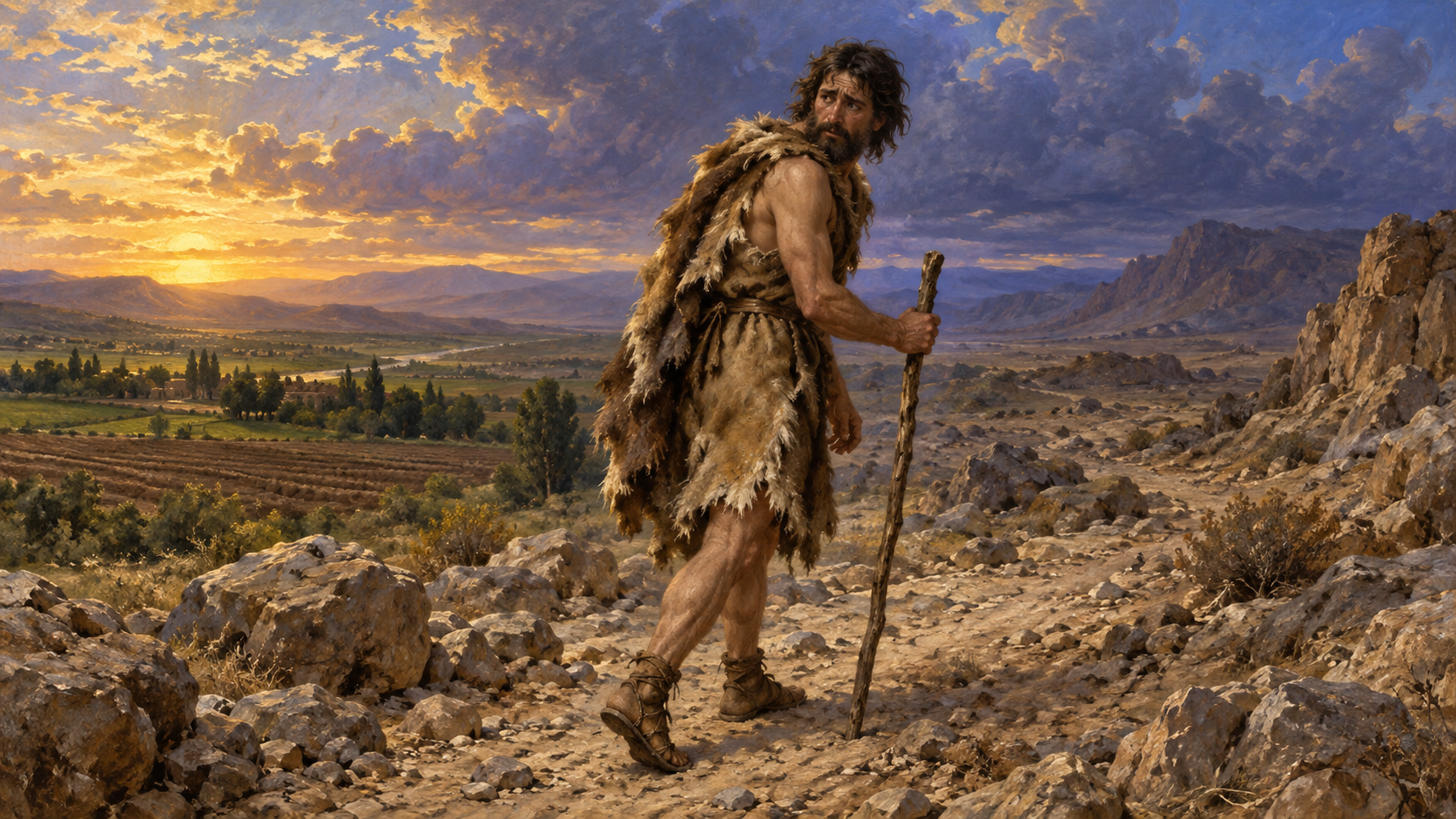 Classical oil painting of Cain wearing animal skins and walking into exile, looking back toward the land he leaves behind.