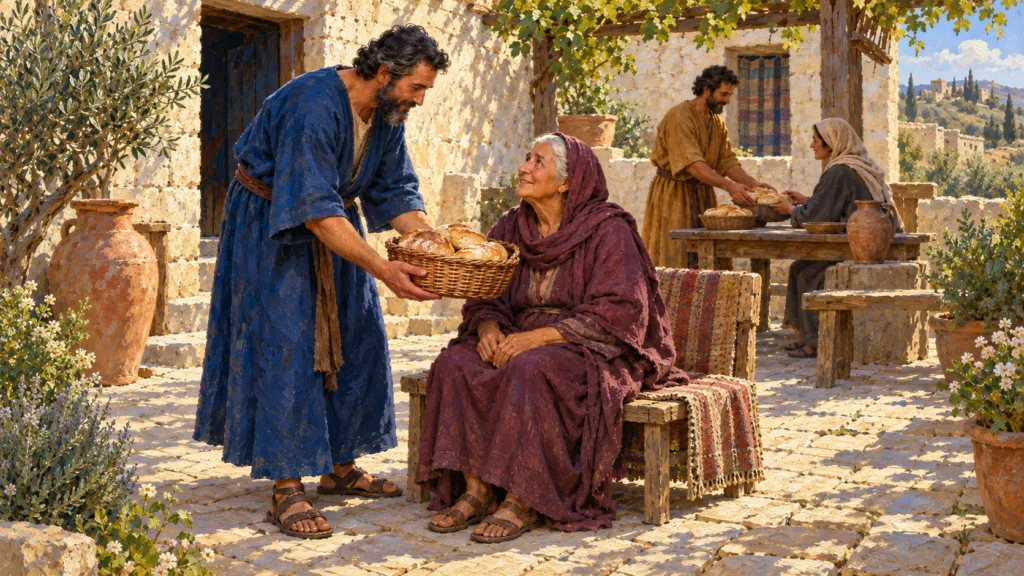 Classical oil painting of early Christian servants providing bread to widows in a Jerusalem courtyard.